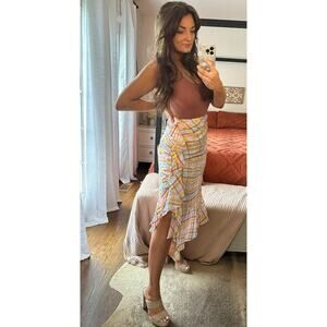 CINQ A SEPT Size 10 Patrice Plaide Ruched Ruffle Midi Skirt